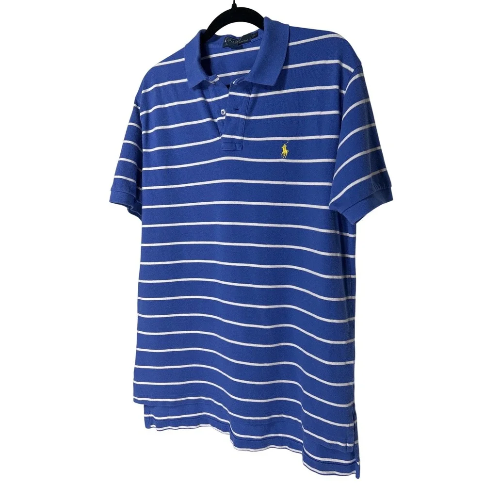 Polo Ralph Lauren Short Sleeve Polo Shirt‎ Blue White Striped Yellow Pony Large